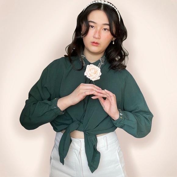 Vintage emerald forest green button up - Picture 2 of 4